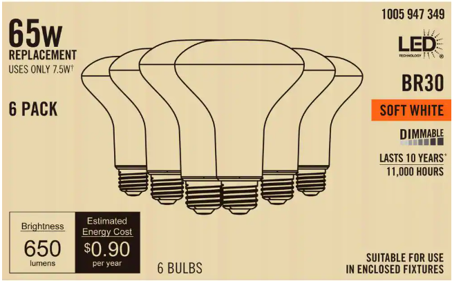 65-Watt Equivalent BR30 Dimmable Flood LED Light Bulb Soft White (6-Pack)